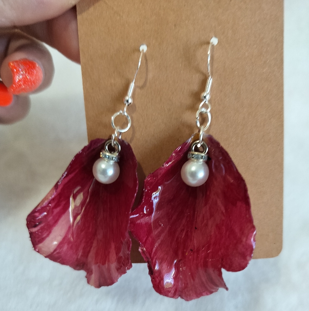 Elegant Pearl and Dark Pink Petal Earrings